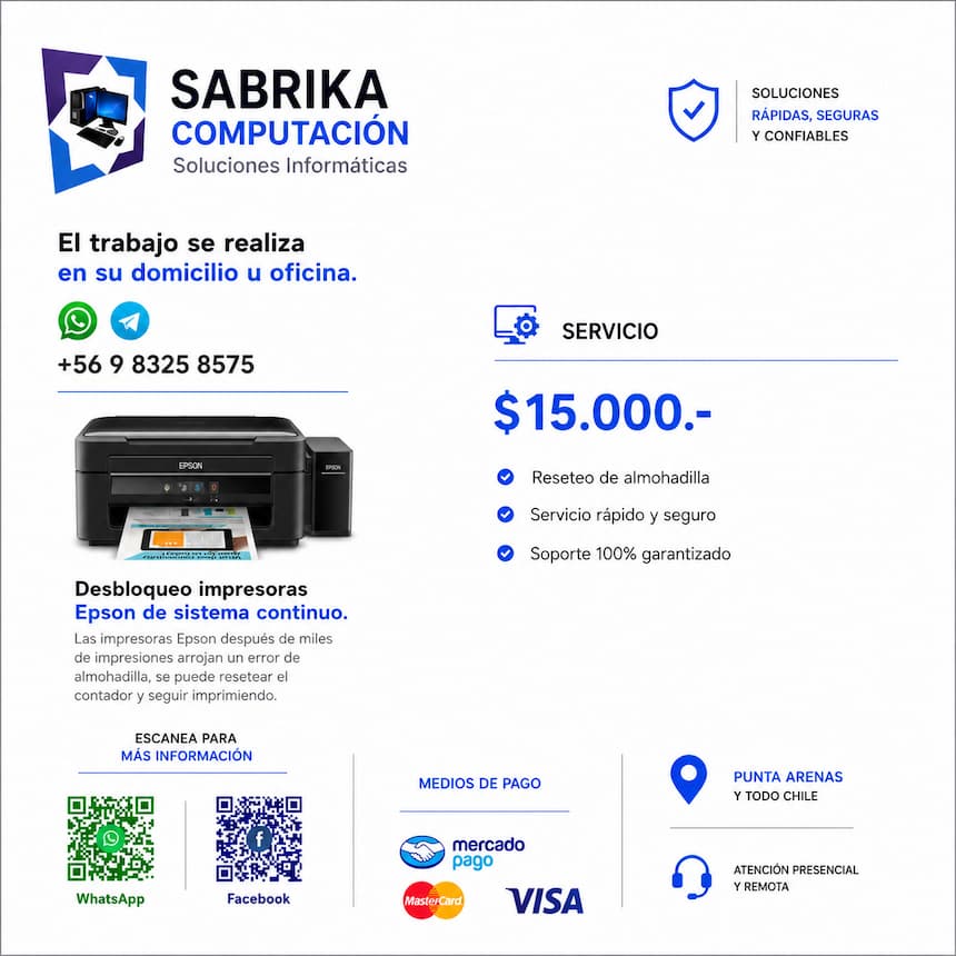 Técnico realizando desbloqueo de impresora Epson en Punta Arenas - Sabrika Computación